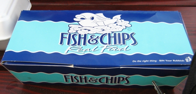 blue carton with fish and chip and a fish logo from an ullapool chippy
